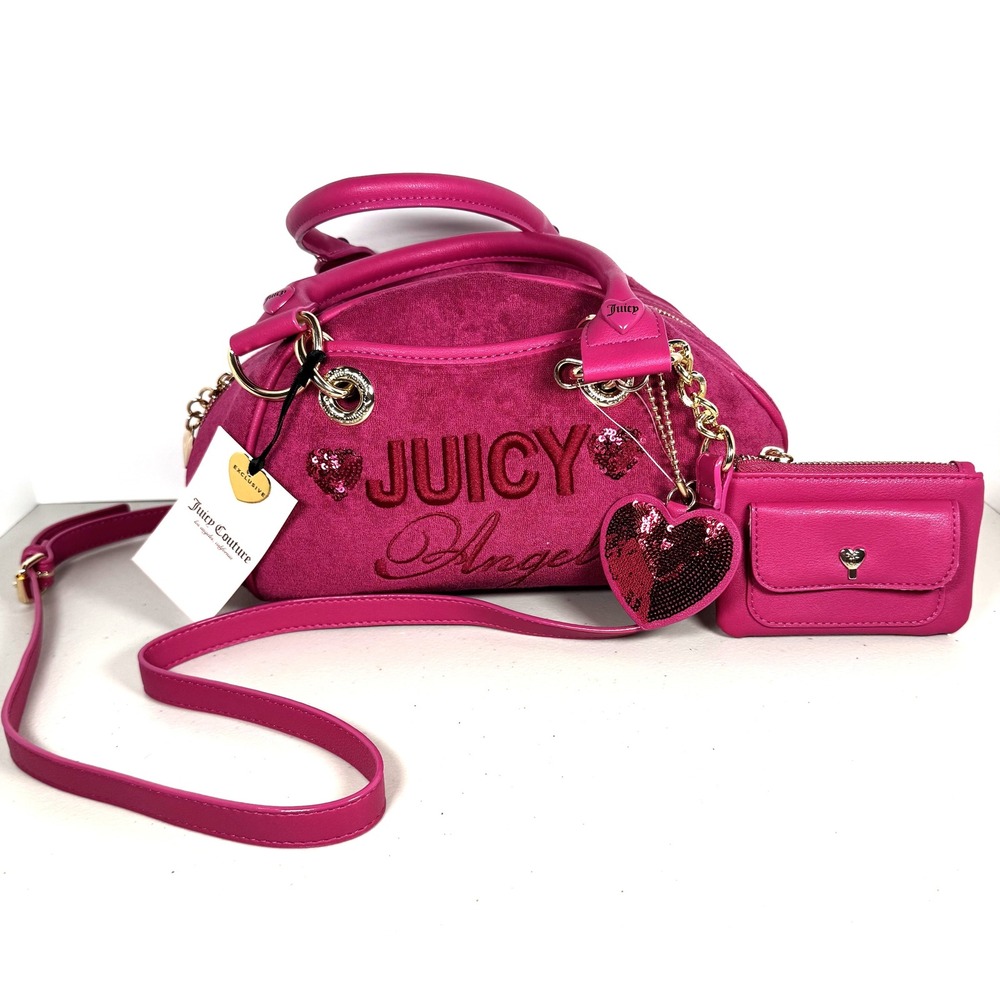 Juicy Couture Angel Velour Bowler Bag Pink Heart Charm Crossbody Tart Satchel